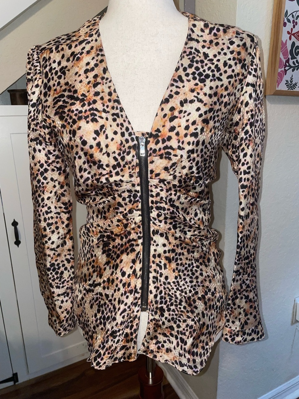 Isabel Marant Marjorie Silk Leopard Cheetah Print Ruched Zip Top 34/2